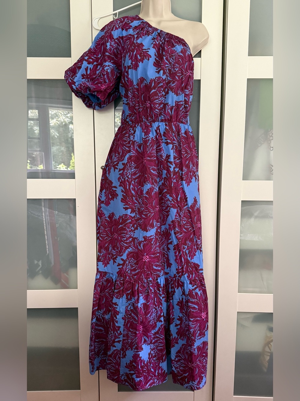 Lilly Pulitzer One-Shoulder Blue & Plum Floral Maxi Dress 12 - No Belt